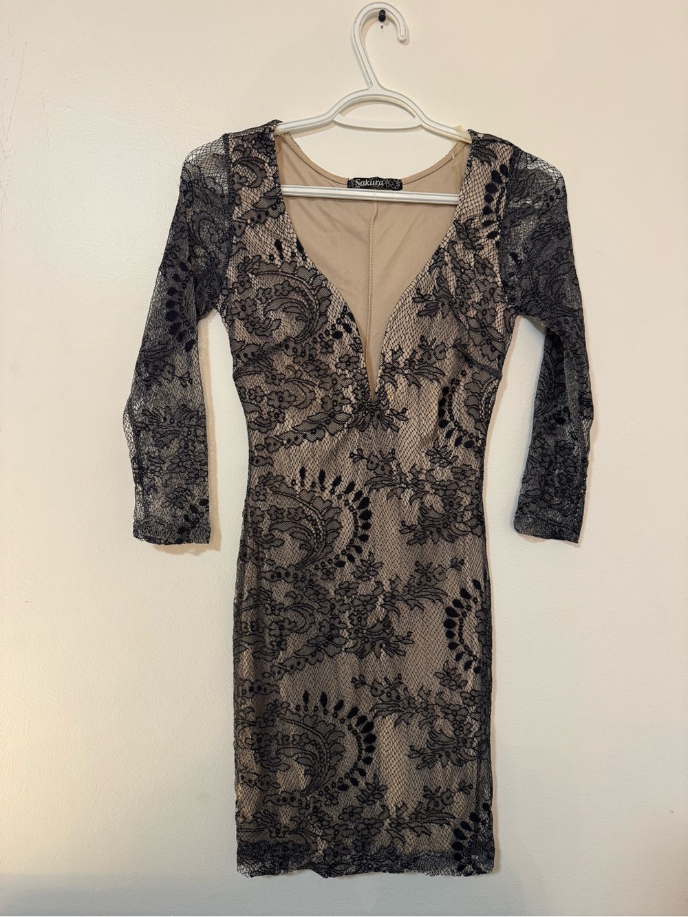 Sakura Black Lace Overlay Nude Bodycon Dress S